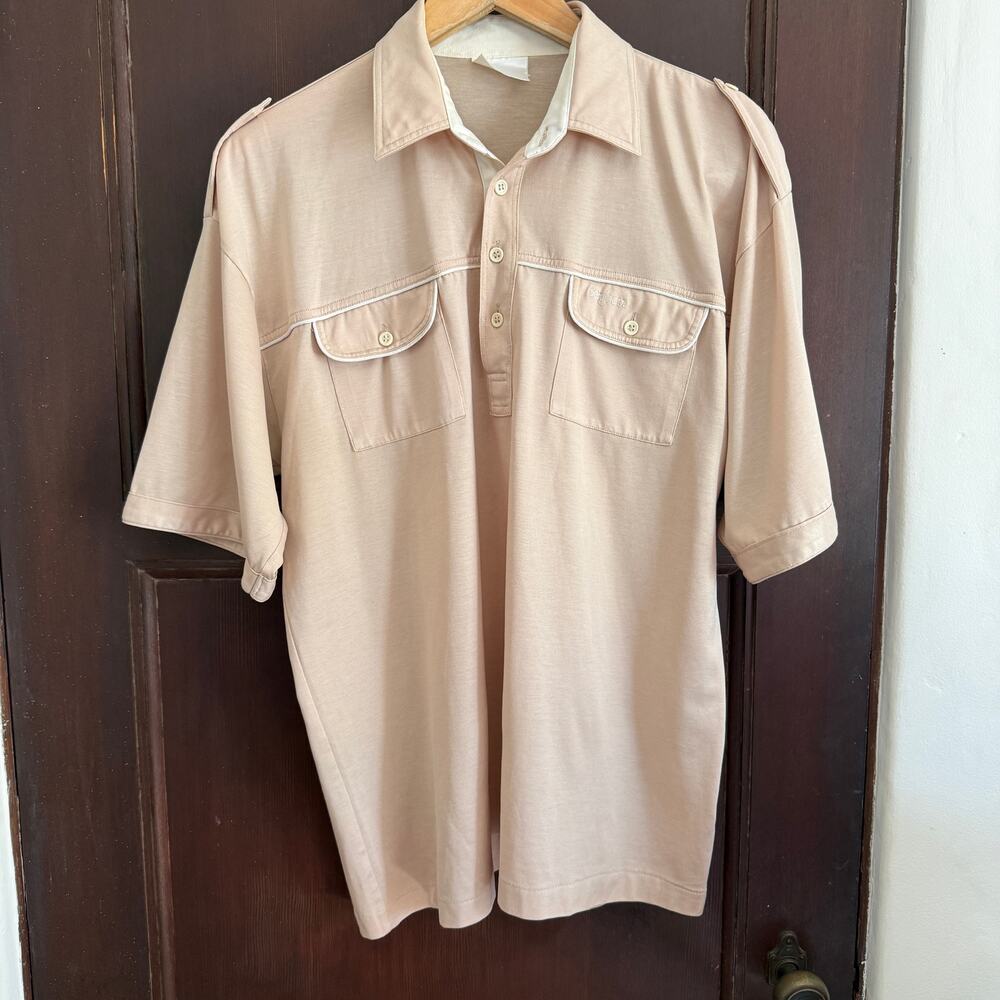 80s Vintage BERGHAUS | Piped Tan Leisure Hiking Polo Shirt | Large